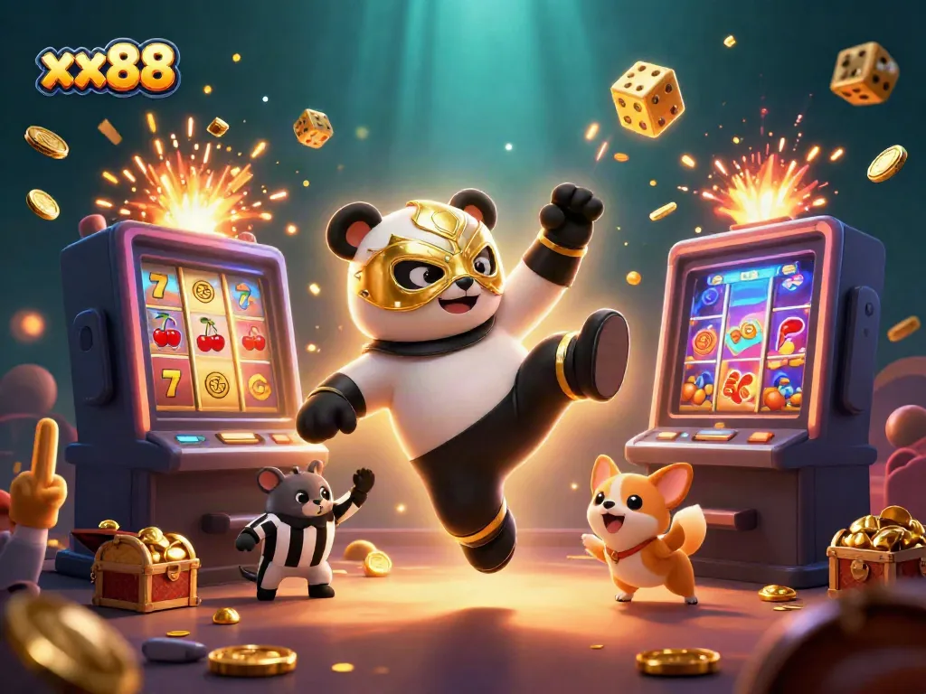 Experience the excitement of xx88 with a dynamic casino scene featuring vivid characters and flying jackpot elements.