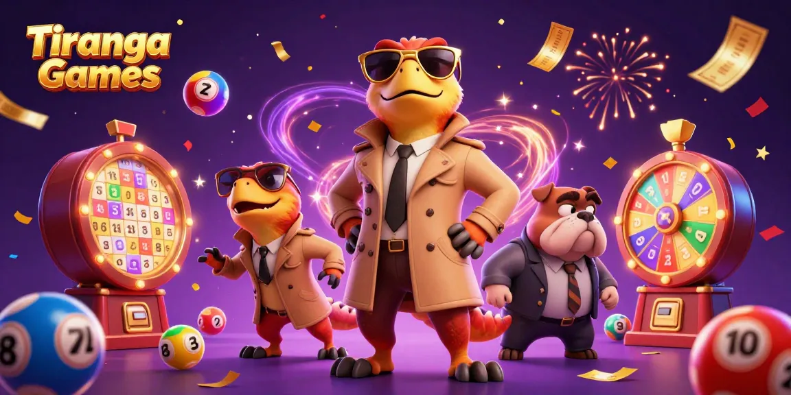 Tiranga Games invites players to enjoy vibrant lottery fun with colorful dynamic elements and cartoon raptors.