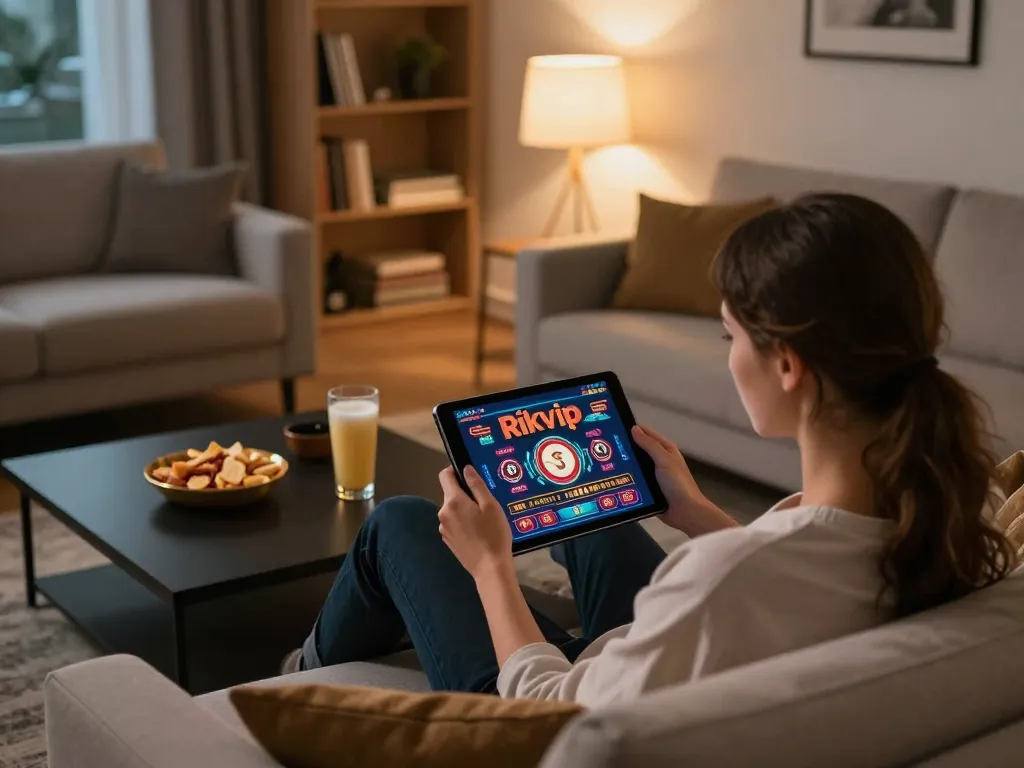 Engaging gameplay on Rikvip platform from a cozy home setup, showcasing online gambling atmosphere.