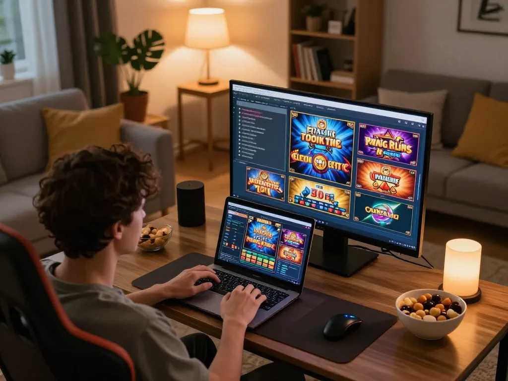 Player exploring various Pragmatic Slot games during an online casino session at home.