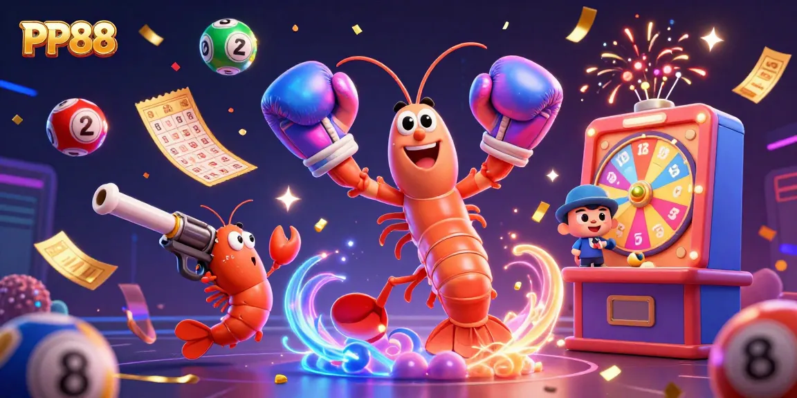 Experience thrilling games at PP88 with vibrant lottery balls and festive elements in a lively casino illustration.