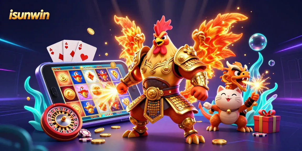 Experience exciting wins at isunwin with our dynamic 3D casino illustration featuring a rooster warrior.