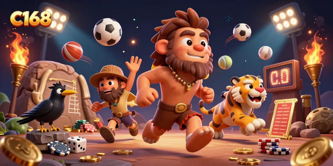 Play games at C168, an exciting prehistoric casino scene with animated characters and sports elements.