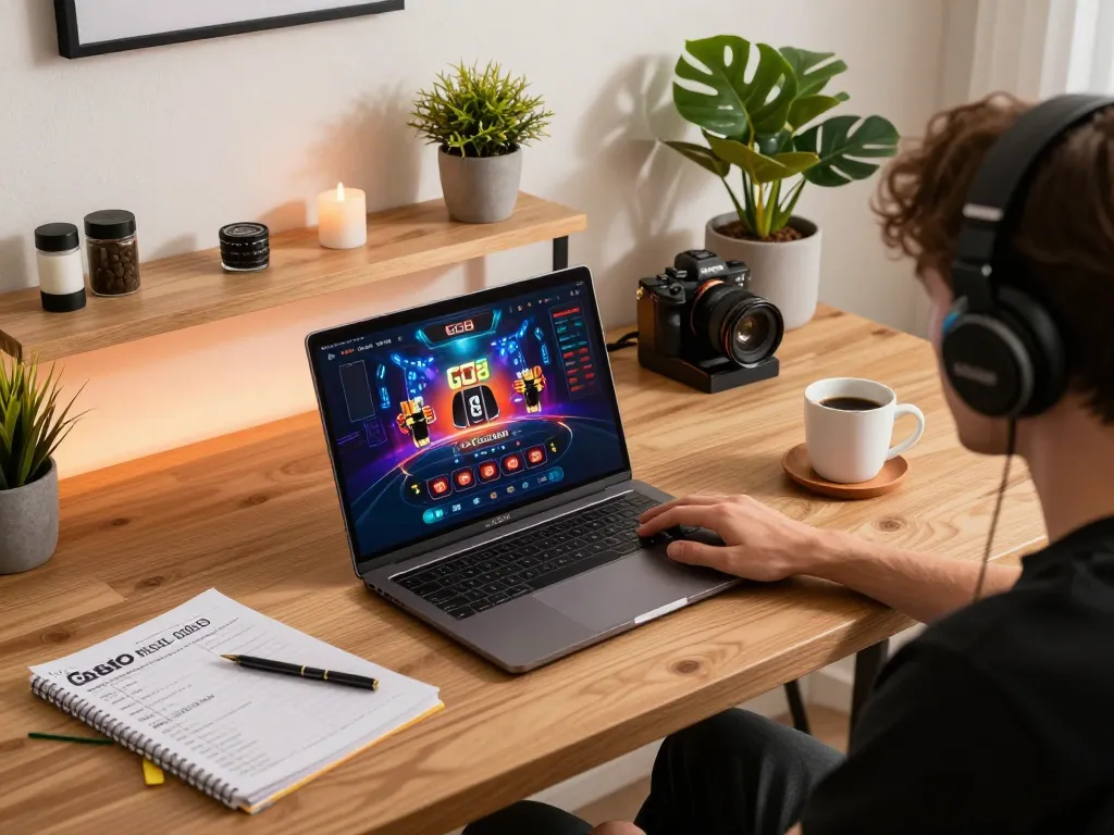 Engaging in online gambling at GO8 with a stylish setup, laptop displaying gaming interface.
