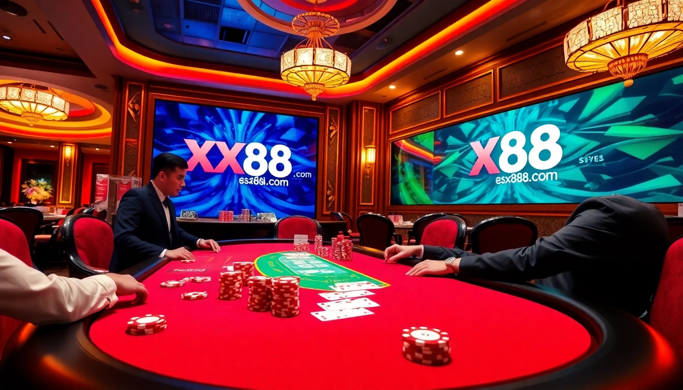 A thrilling poker game at a luxury casino featuring xx88 com branding, emphasizing excitement and high-stakes action.
