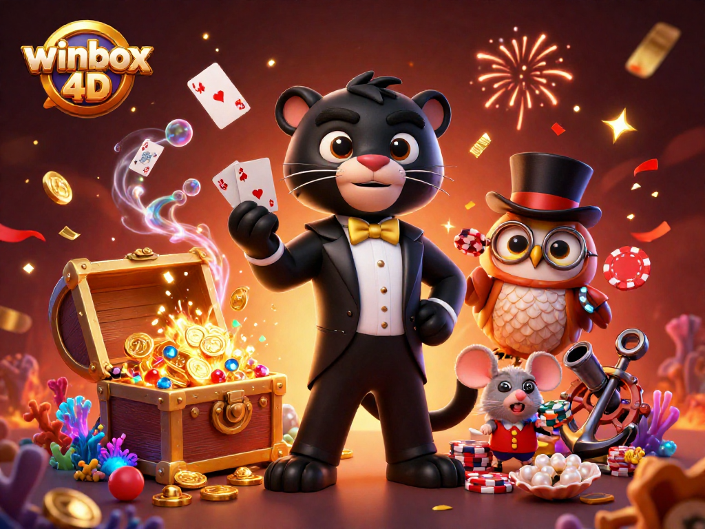 Winbox 4D: Stylish casino characters celebrate with dazzling cards and chips in a vibrant scene.
