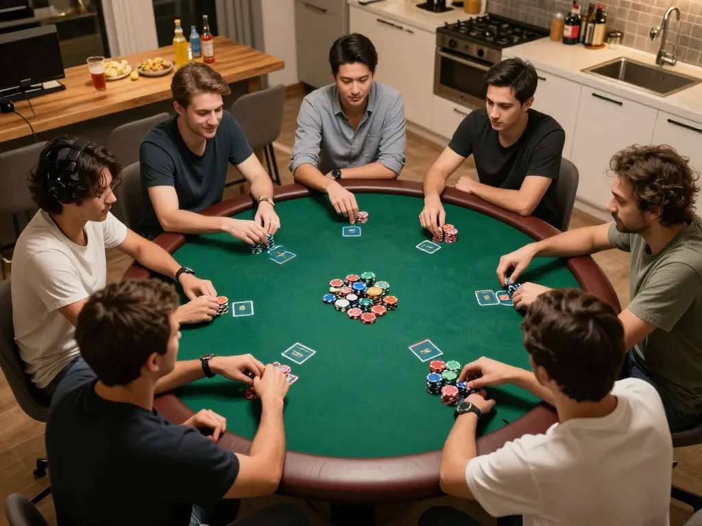 Players engage in a thrilling poker game at home, showcasing excitement and strategy with 789f in focus.