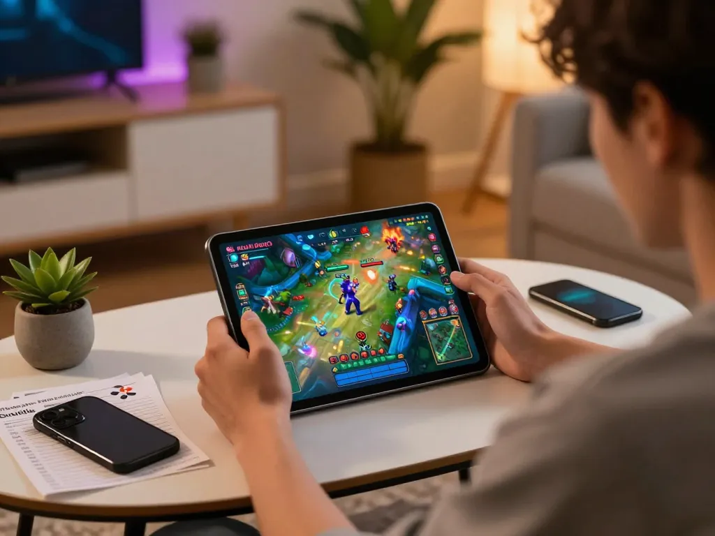 Pemain Akun Demo PG Soft di tablet dengan catatan strategi dalam suasana rumah yang nyaman.
