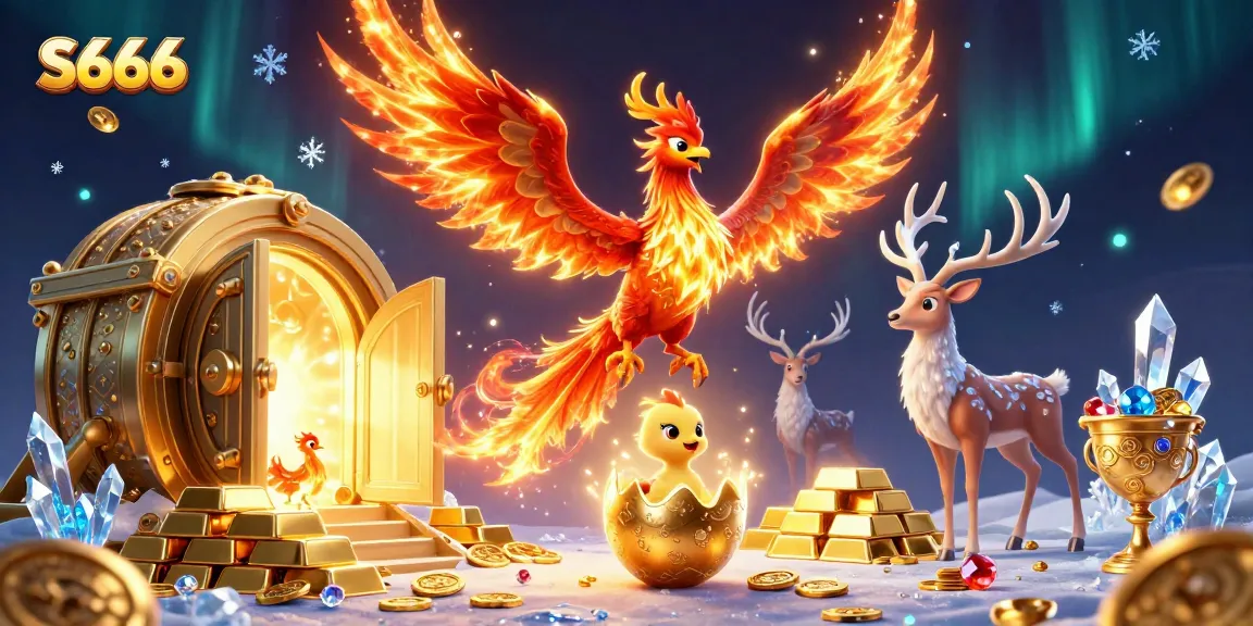 S666 captivates players with the fire phoenix and treasures in a vibrant casino scene.