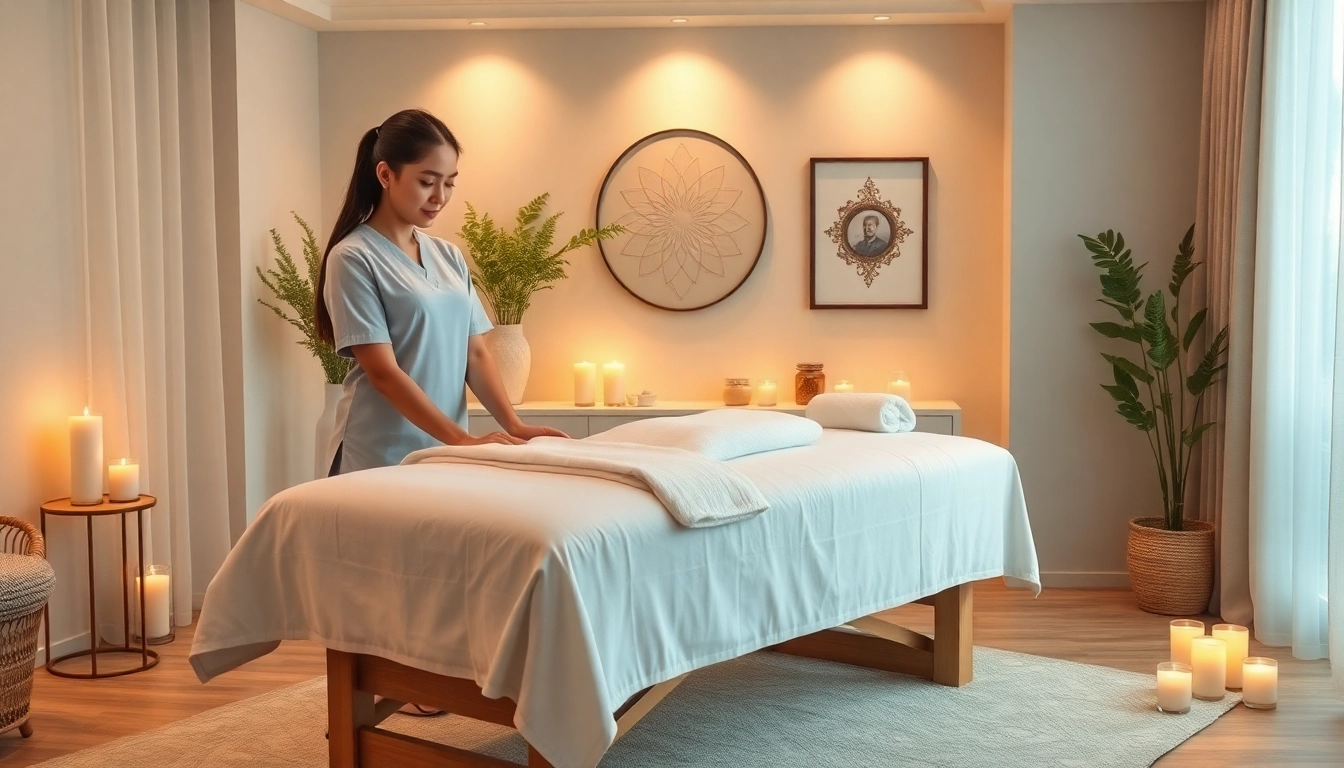 수원출장마사지 therapist preparing a relaxing home massage space with candles and soft linens.
