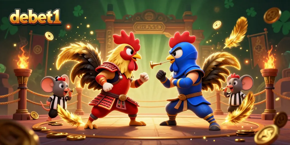 Engage in debet1 strategies as roosters face off in a thrilling cartoon arena showcasing dynamic casino elements.