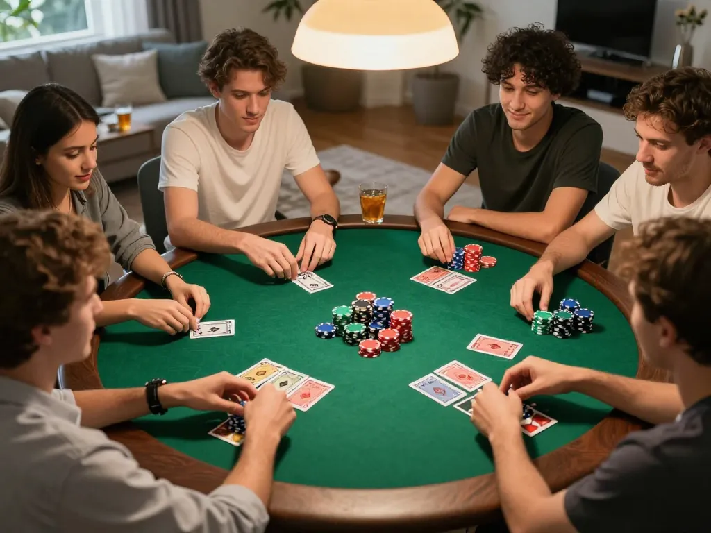 Nego77 players enjoying a competitive poker game at home, focused on their hands and strategy.