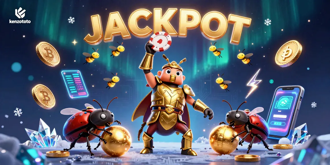 Kenzototo offers an exciting slot gaming experience, featuring a cartoon hercules beetle and golden coins in a vibrant jackpot scene.