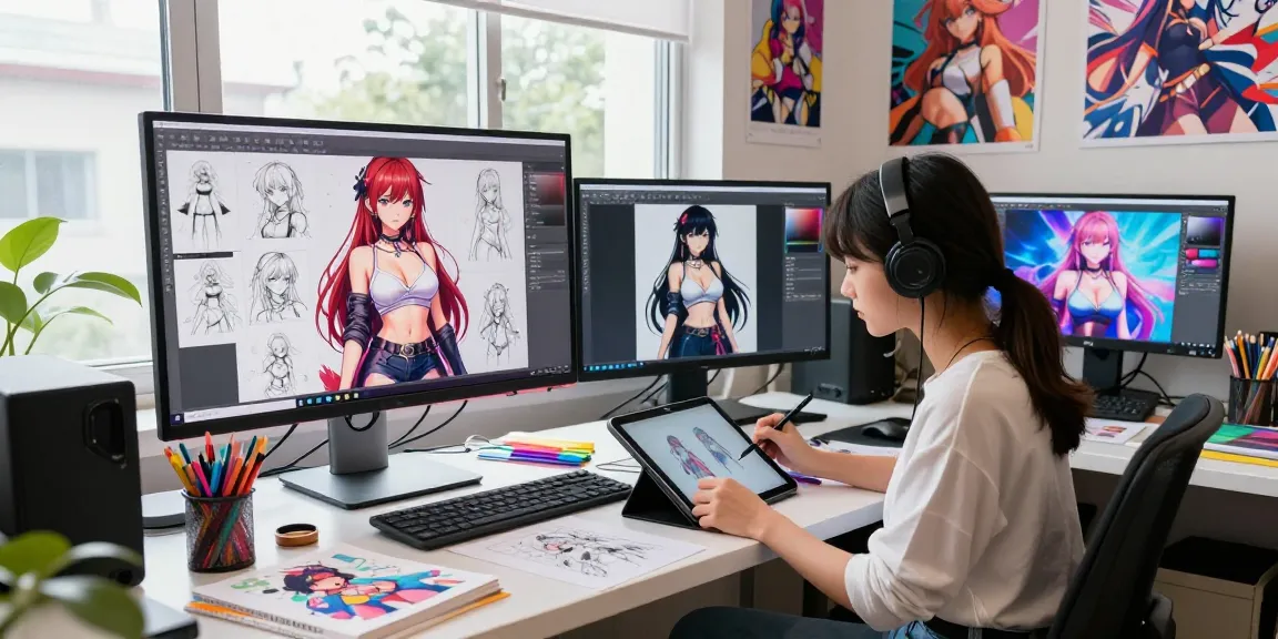 Artist designing hentai ai characters in a creative studio with vibrant art supplies and digital screens.