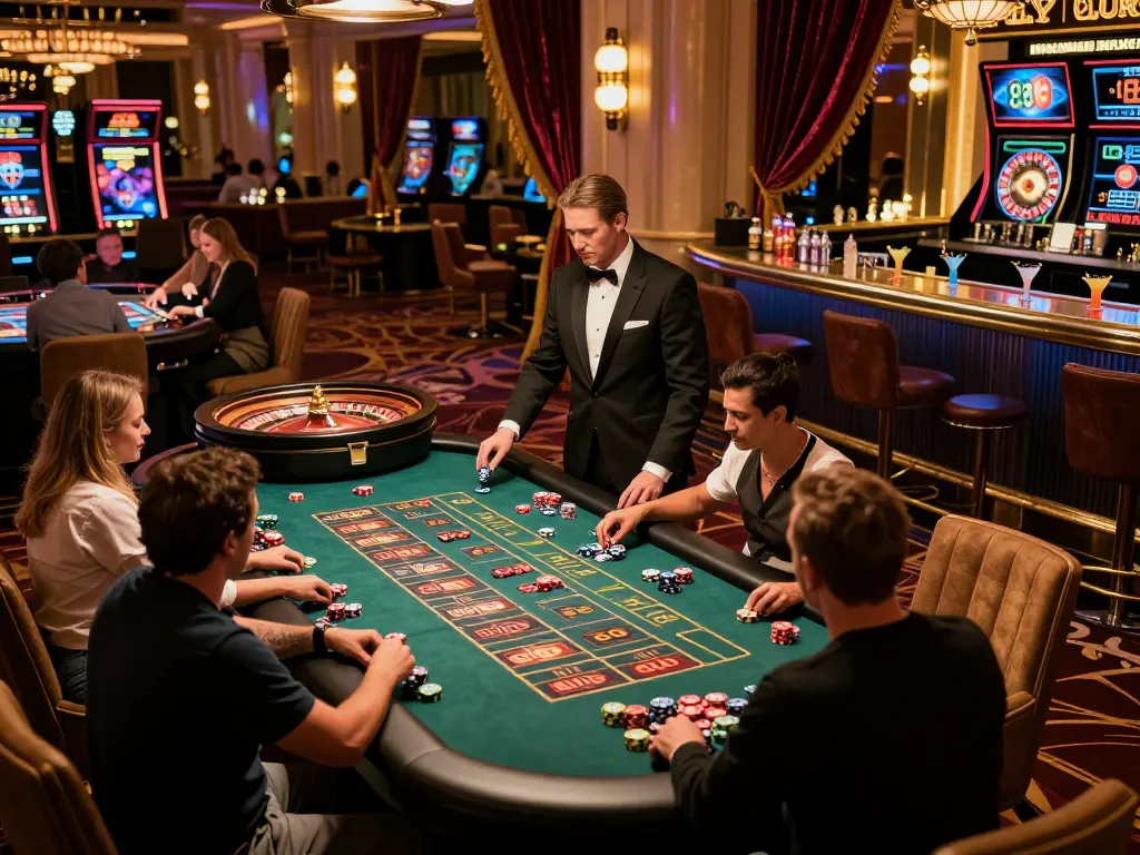 Sunwin players engaging in thrilling roulette action amidst vibrant Vegas casino atmosphere
