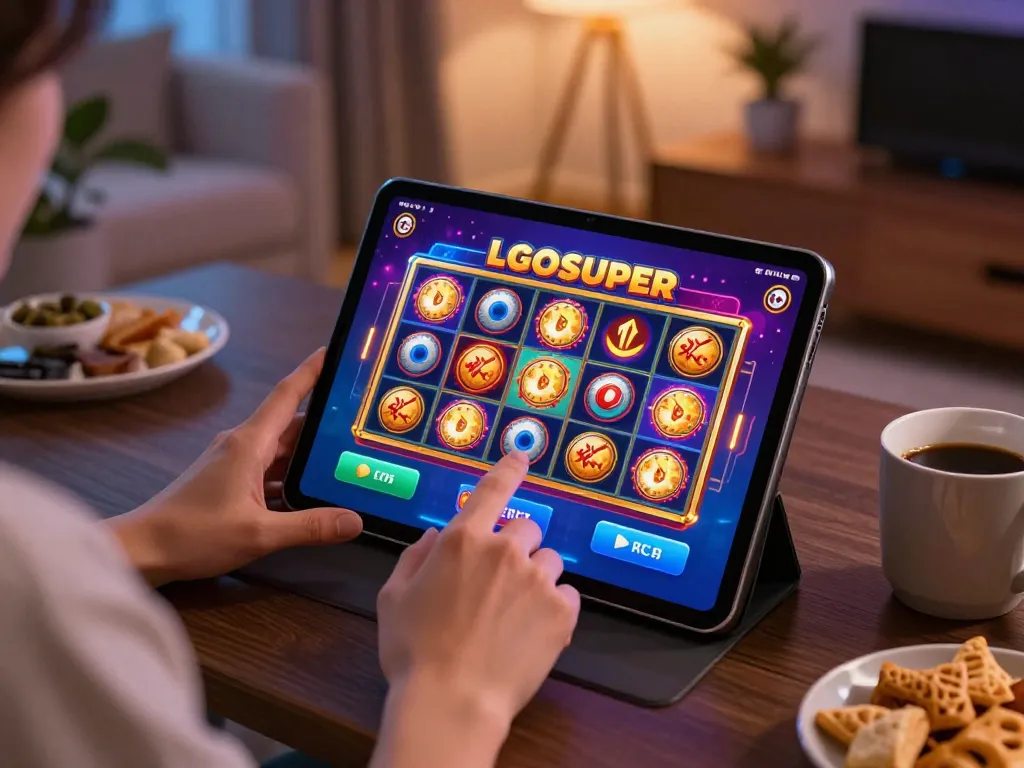 Engaging in vibrant slot gameplay via LGOSUPER's online platform in a cozy home setup