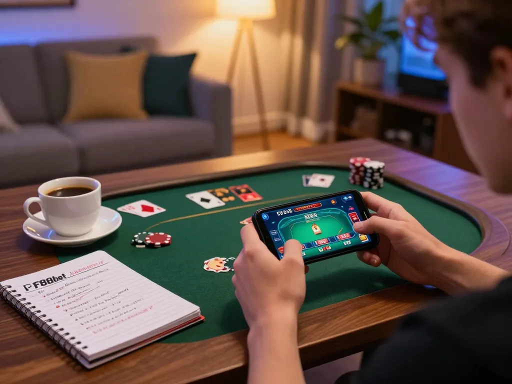 Gambling on F88bet with a smartphone showcasing poker gameplay in a cozy setup.