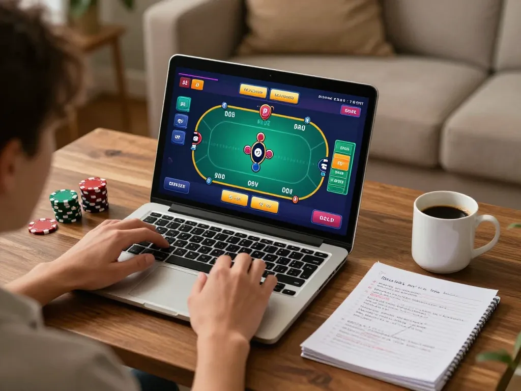 Iwin player strategizing with notes during online poker session at home.