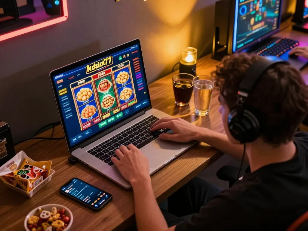 Engaged player exploring kdslot77 slots on a laptop during casual online gaming session.