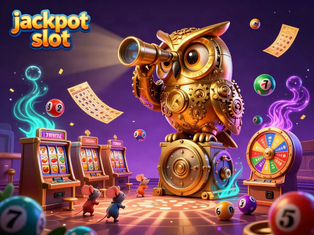 Engaging jackpot slot scene with a clockwork owl and vibrant casino elements in a colorful environment.
