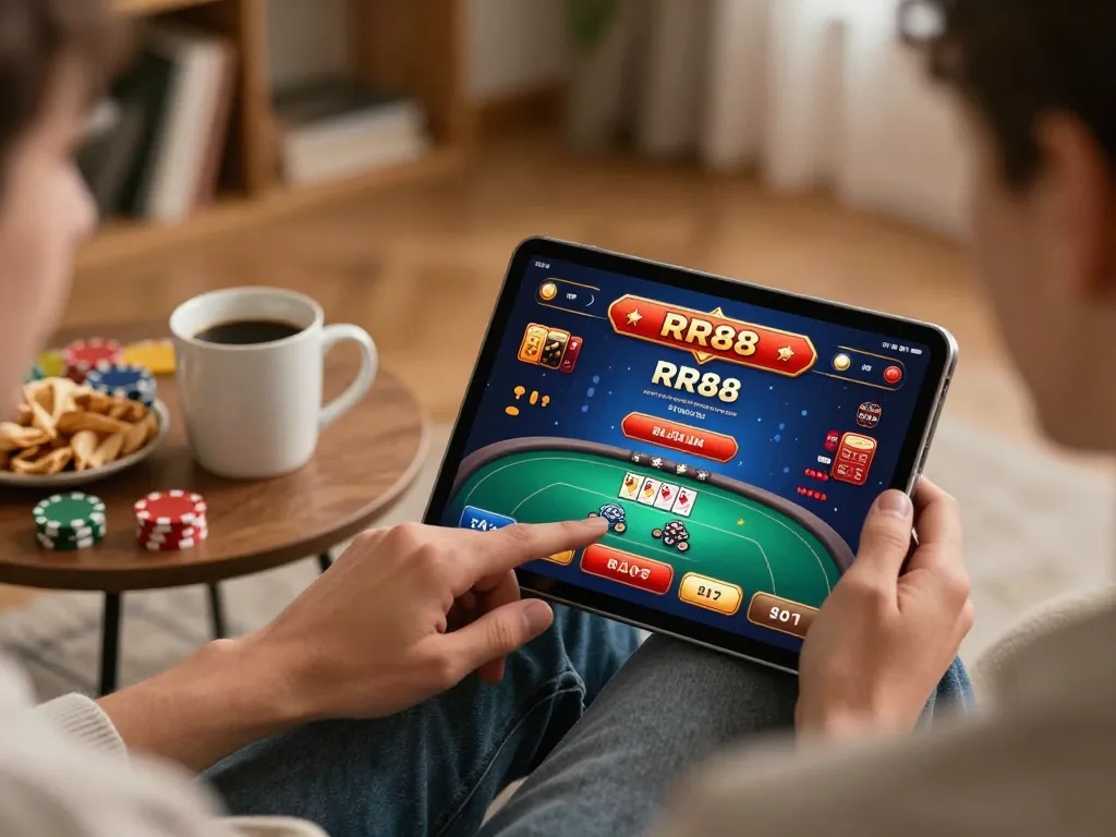 Engaging in online poker gameplay at RR88 from the comfort of home in a cozy setting