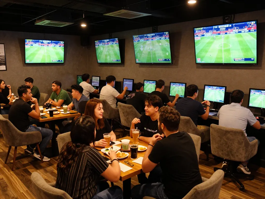 Socolive fans engaging in live sports betting, analyzing odds on screens in a lively lounge