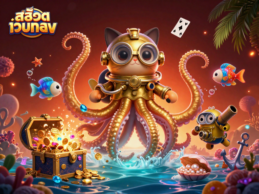 Experience winning spins with สล็อตเว็บตรง in this vibrant underwater casino-themed illustration.