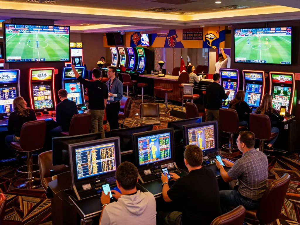 Hubet sports betting lounge with excited patrons analyzing odds in a vibrant casino setting
