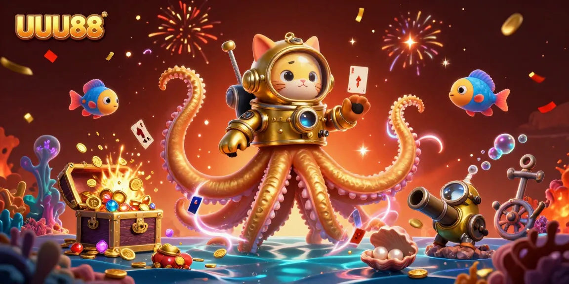 Play exciting games at UUU88 with a vibrant illustration of a kraken and diving cat among treasure!