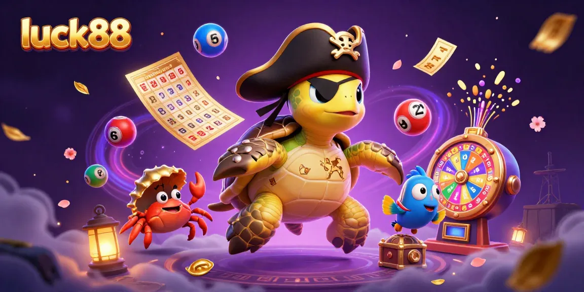 Experience luck88 with a 3D pirate turtle and friends amidst dynamic casino elements.