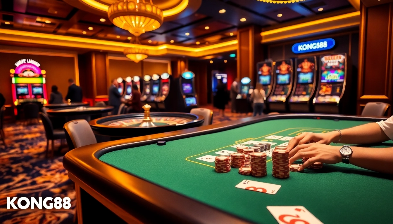 KONG88 casino players enjoying an exciting poker game surrounded by vibrant slot machines.