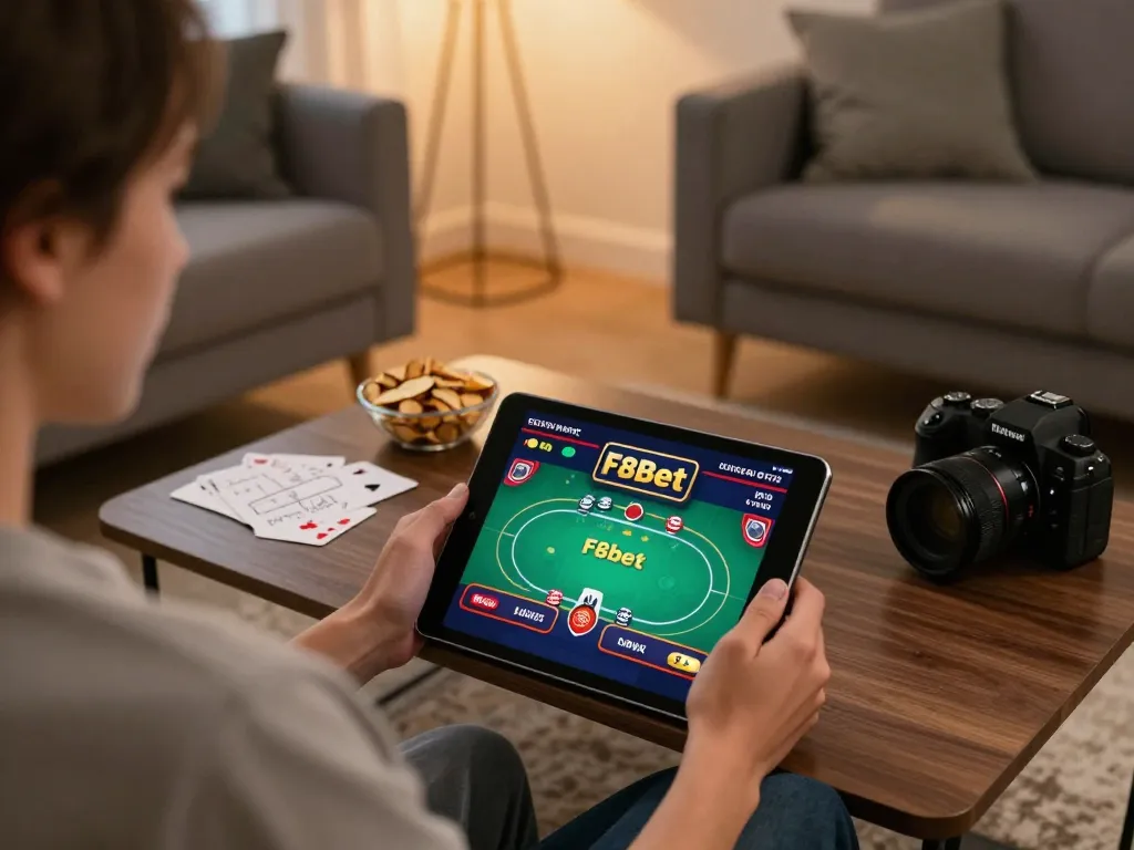 Engaging F8bet online casino gaming scene with a person on tablet at home.