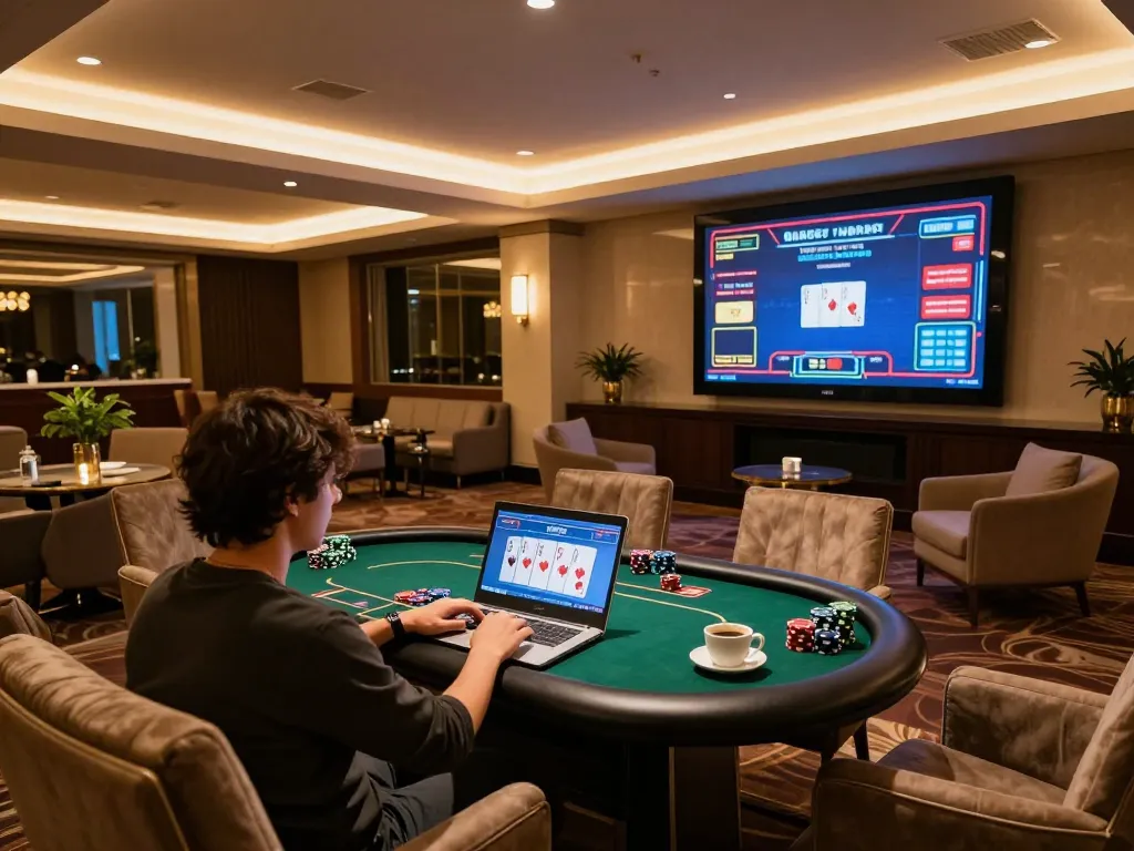 Engaging in online poker at UU88, showcasing dynamic gameplay on a laptop in a cozy environment.