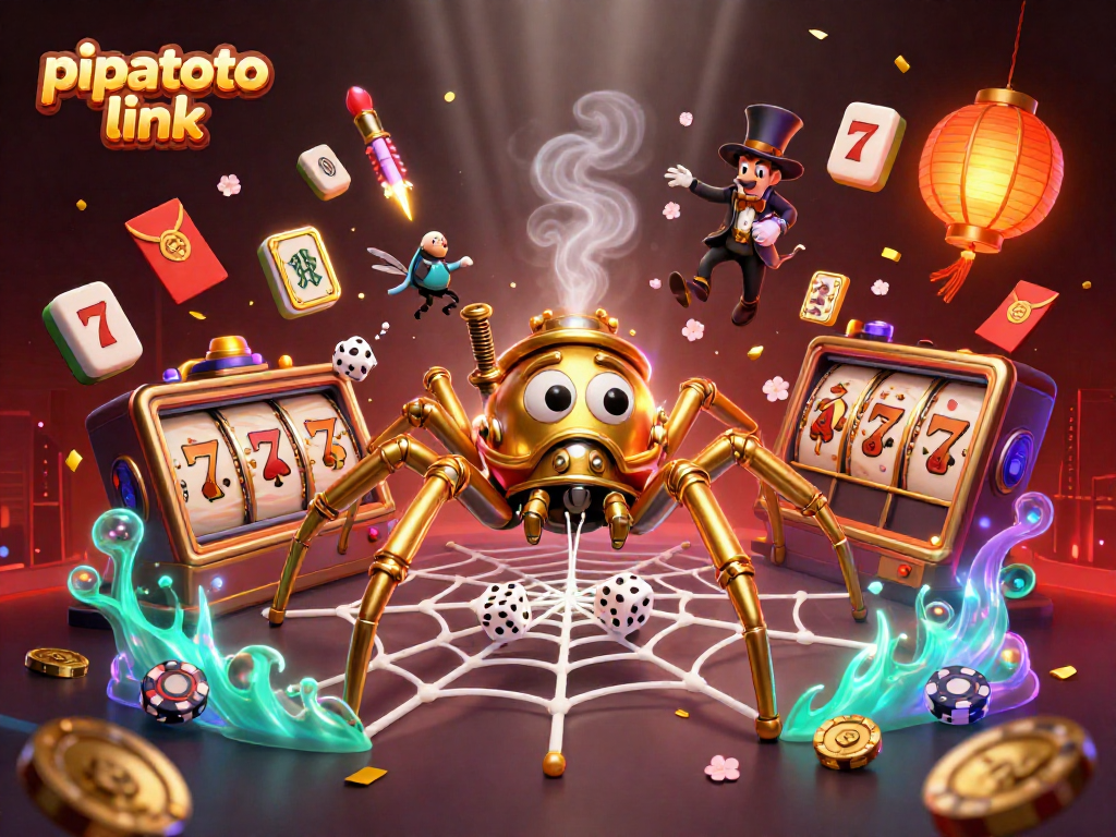 Pipatoto link showcases a steampunk spider catching dice in a golden web surrounded by slot reels and vibrant casino elements.
