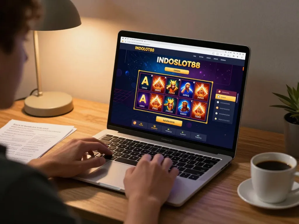 Engage with promo terbaru INDOSLOT88 2026 through exciting online gaming setup, showcasing a laptop with relevant gaming interface.