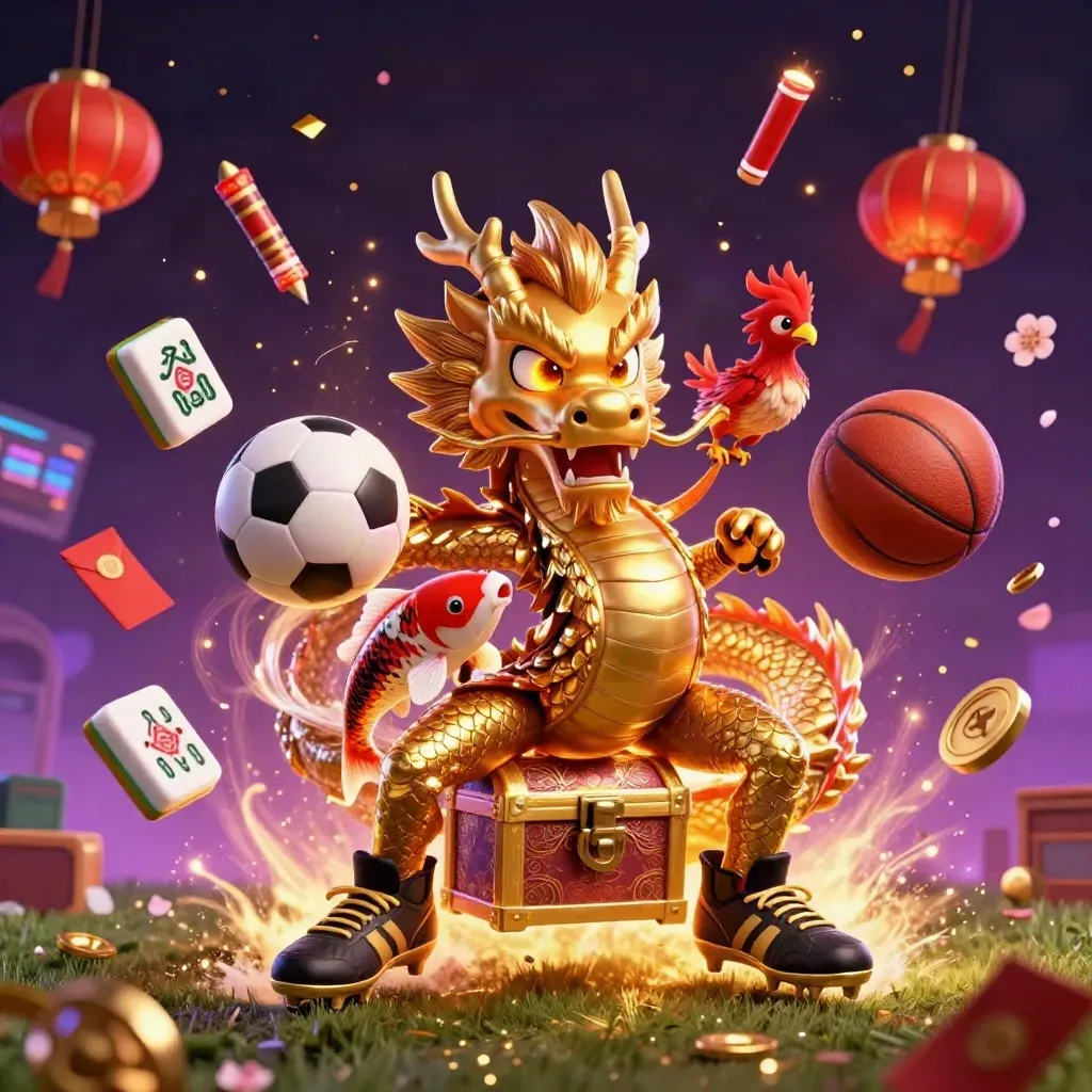 Golden dragon and phoenix around a treasure chest with sports balls, coins, lanterns, and neon effects.