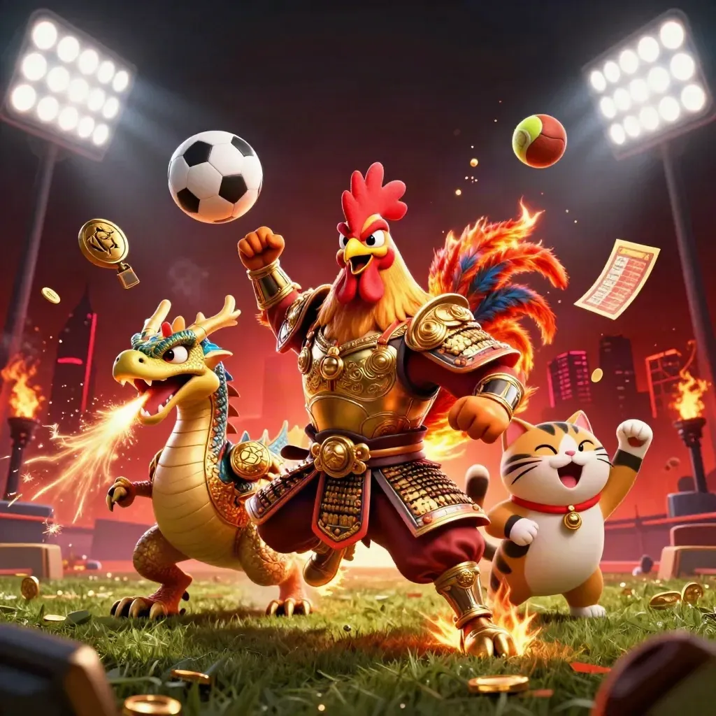 Rooster samurai, spark-breathing hatchling and fortune-cat amid flying sports balls and gold coins.