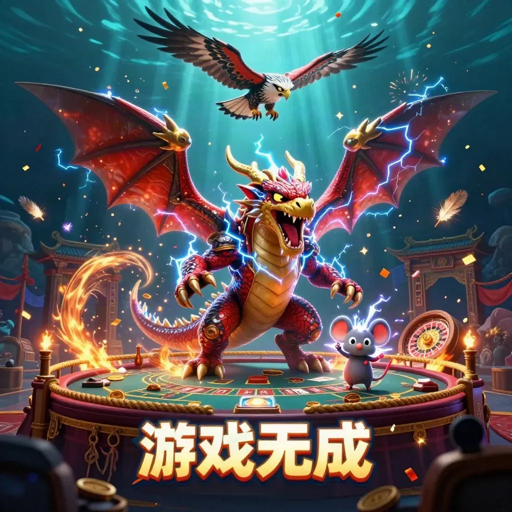 Thunder dragon, glowing hawk, and static mouse over casino relics in a red-gold sea-lit vault.