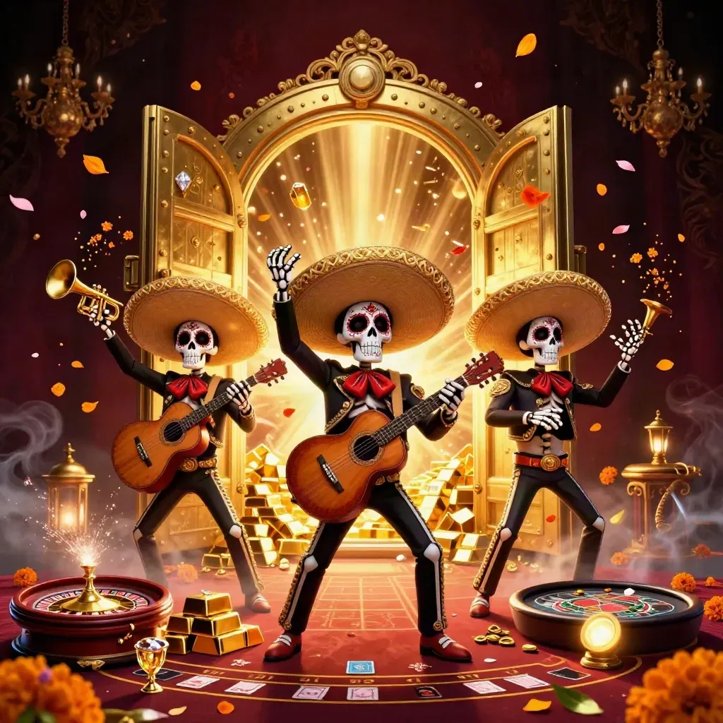 Three skeleton mariachi performers with treasure vault, gold, gems, and casino lights on dark burgundy background.