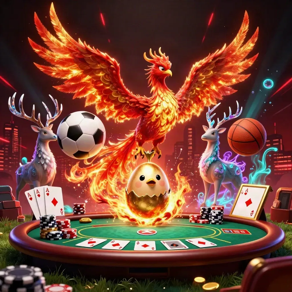 Phoenix, stag, and casino props explode above a soccer ball in neon red and gold.