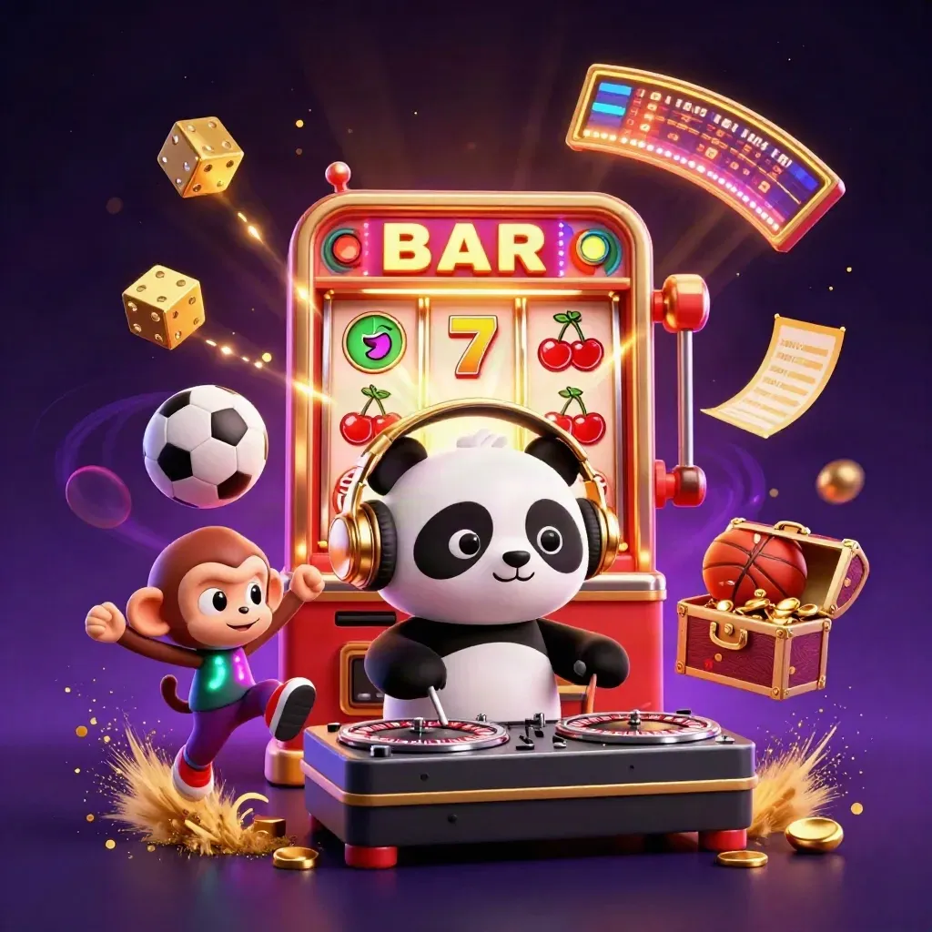 DJ panda, breakdancing monkey, and glow-stick kitten amid casino bursts and sports balls