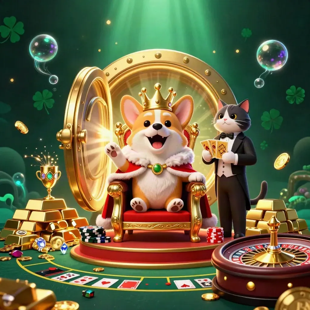 Royal corgi and cat butler in a luxury casino scene with vault light, gold, gems, and neon glow.