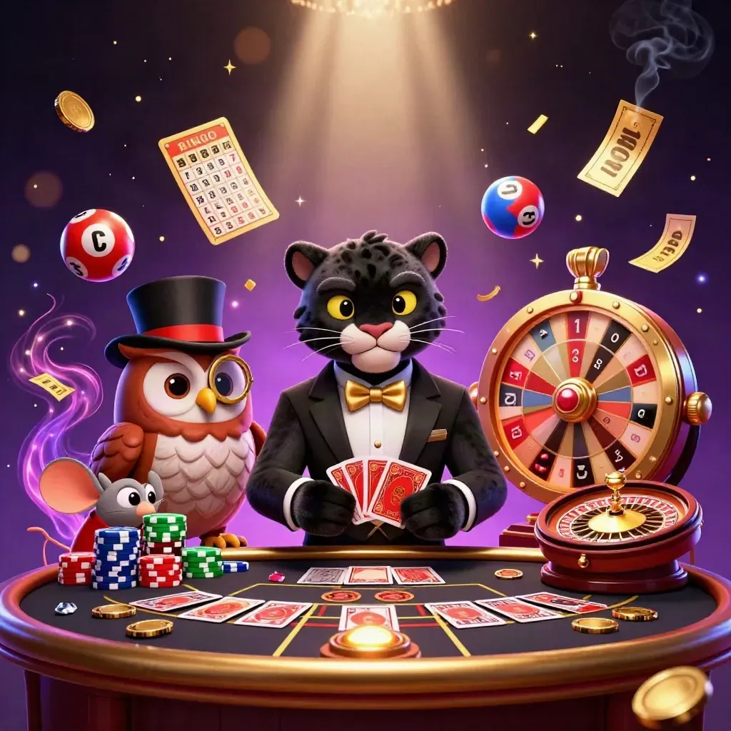 Panther, owl, and mouse at a luxe casino table amid glowing game elements and gold light.