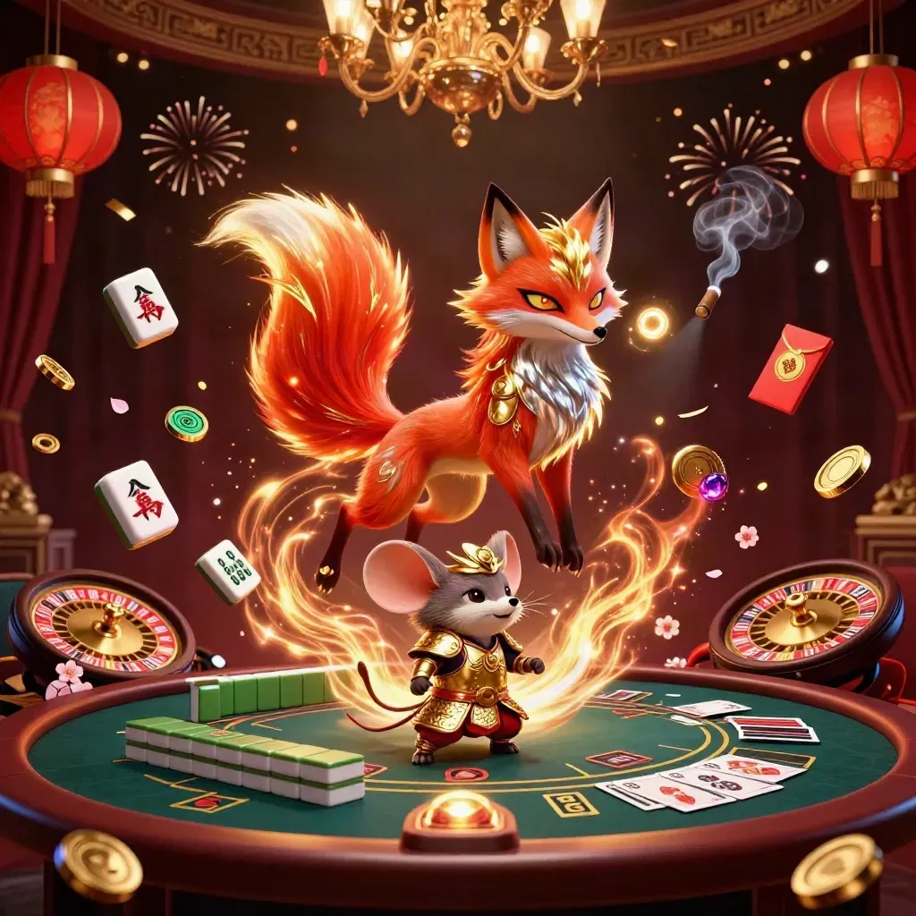 Neon fox spirit and armored mouse in a luxe casino glow with roulette, lanterns, and gold.