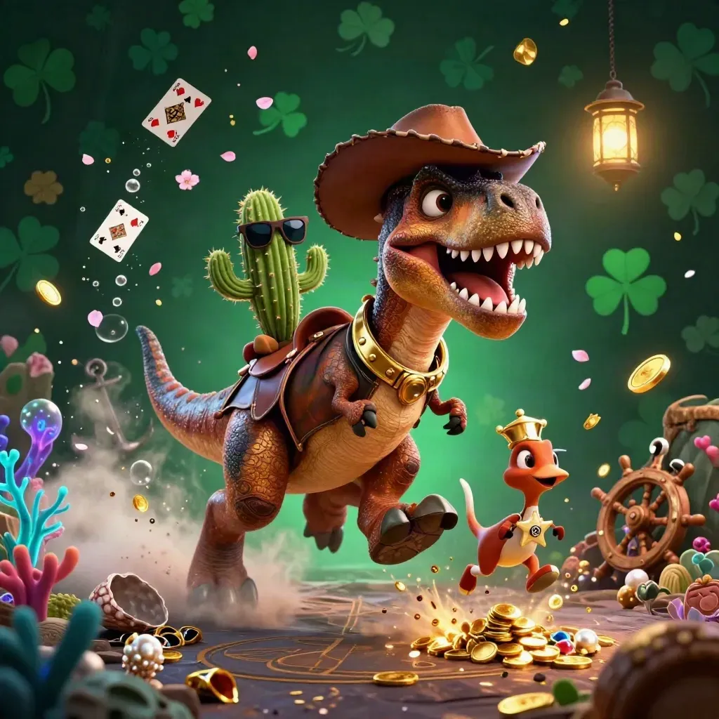 Cowboy T-Rex, cactus sidekick, and sheriff roadrunner burst through an underwater treasure cove.