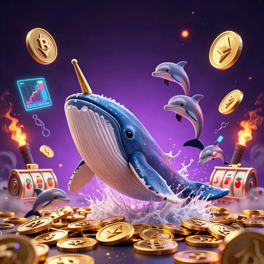 Captain whale, narwhal, and dolphins burst through coins with glowing crypto effects.