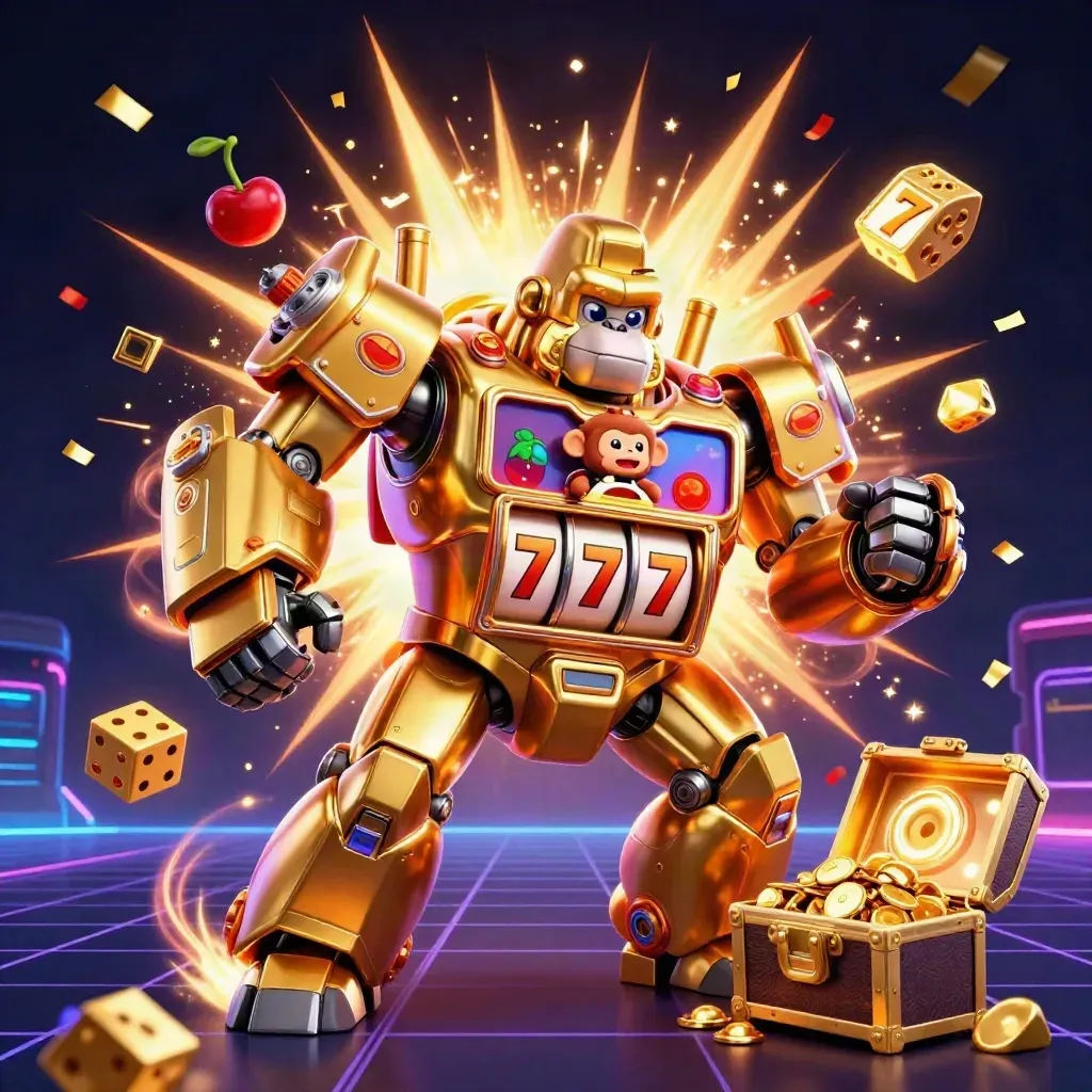 Golden gorilla mech and tiny monkey pilot burst amid jackpots, gems, and neon casino effects.