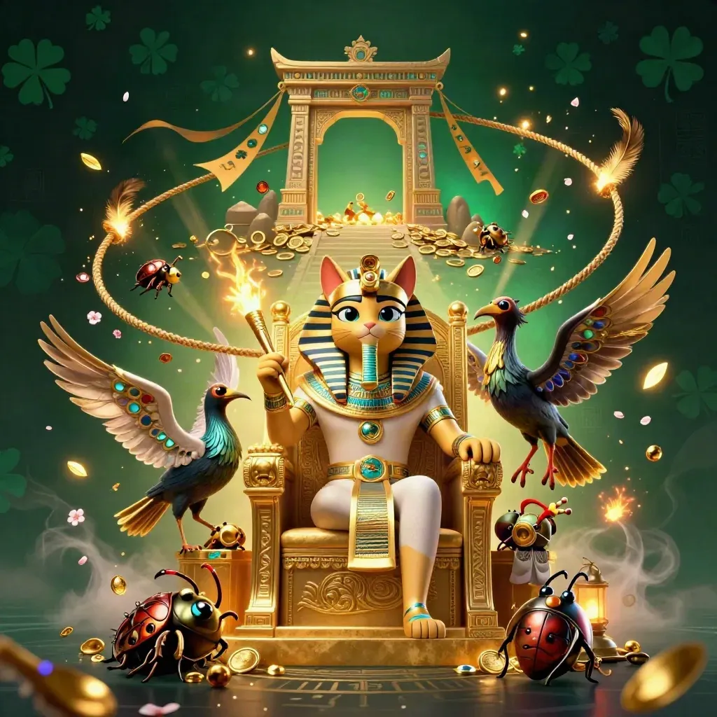 Pharaoh cat, ibis scribe, and gem-wing scarabs amid treasure burst and temple ruins in neon casino glam.