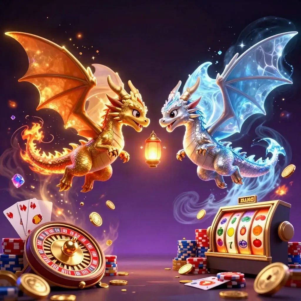 Twin gold and silver dragons in fiery-icy flight, coins, gems, roulette, cards, chips, starfield glow.