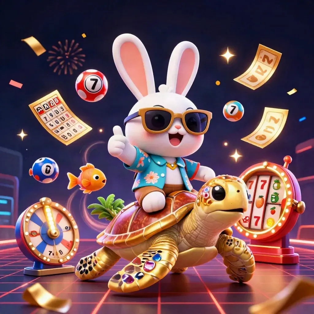 Lucky rabbit rides a golden turtle amid casino prizes, neon grid, and fireworks